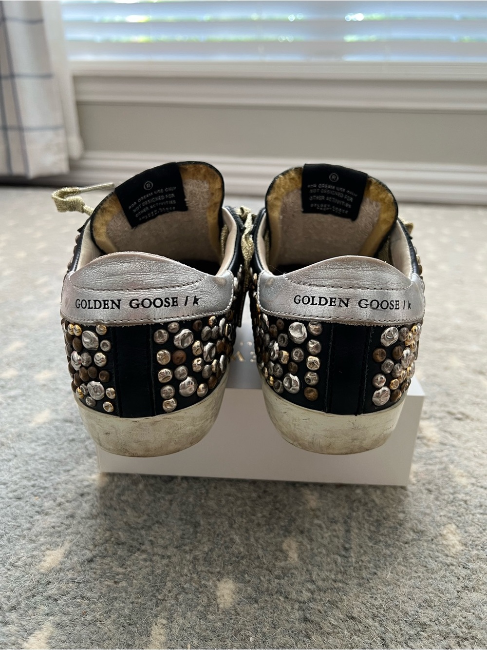 Golden Goose Black Leather Studded Sneakers with Silver Star and Gold Laces - Picture 5 of 5
